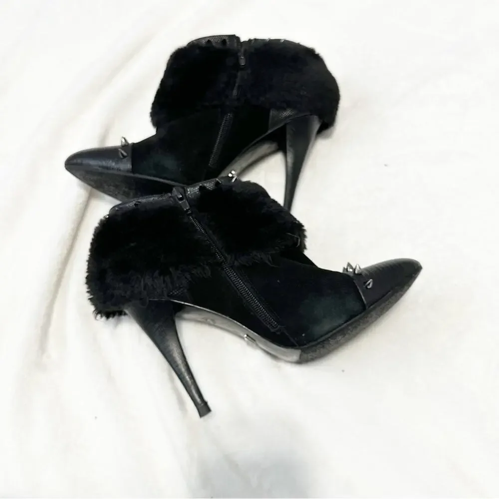 ABS Allen Schwartz Black Studded Ankle Boots fur heeled booties spiked size 8